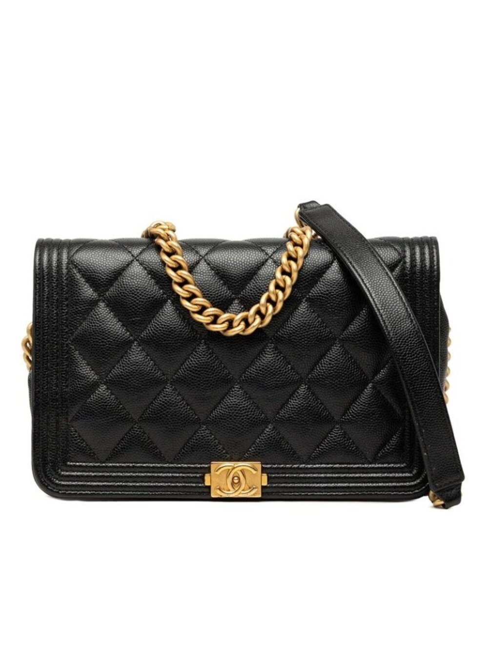 Chanel CC Logo Quilted Chain Wallet Shoulder Bag Black Gold Caviar Leather